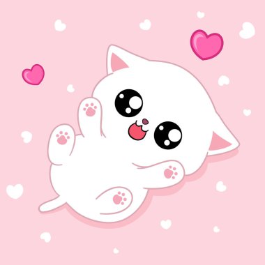 Şirin küçük kedi. Çocuk posteri ve tişört tasarımı için çizgi film beyaz kedisi. Vektör illüstrasyonu.