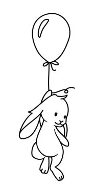 Balonla uçan sevimli bir tavşan, resimleri boyamak ve çocuk tişörtleri tasarlamak için..