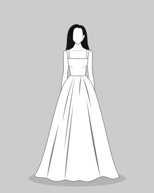 Modellik, moda tasarımı ve boyama için uzun siyah saçlı bir kızın vektör çizimi.