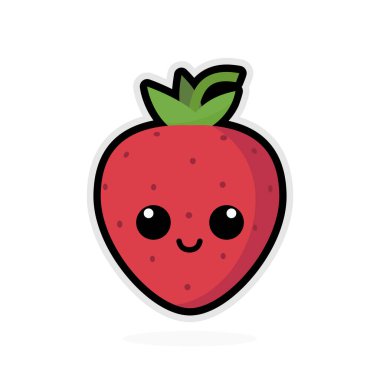 Çilek ikonu. Kawaii çilek logosu. Bir meyve etiketinin vektör illüstrasyonu.