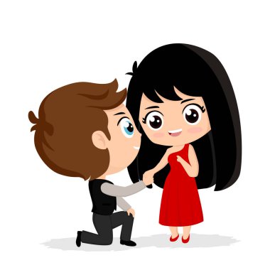 Evlilik, kart imajı sunar. Erkekler bir kadınla evlenmek için başvururlar. Çizgi film tarzında vektör illüstrasyonu