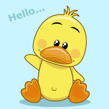 Oturan ördek. Ördek çizgi filmi. Mavi gökyüzü arka planında bir ördek izole edilmiş şirin, basit bir hayvan. vektör illüstrasyonu.