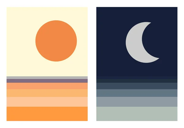 现代简约主义的抽象例证 日以继夜的海报 自然抽象的景观背景 海滩和月亮 — 图库矢量图片