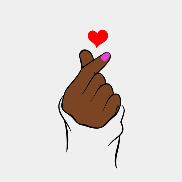 Parmaklı kalp. Kore aşk işareti vektör illüstrasyonu. Sevgililer Günü poster süslemesi. Pembe arkaplan simgesinde el