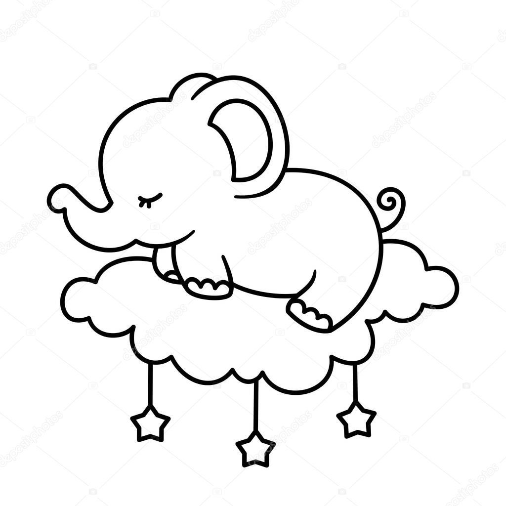 Elephants sleep on clouds, for coloring pictures and t-shirt designs for kids.