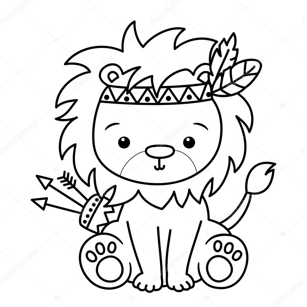 A cute lion sitting with an arrow, for coloring pictures and design children's t-shirts.