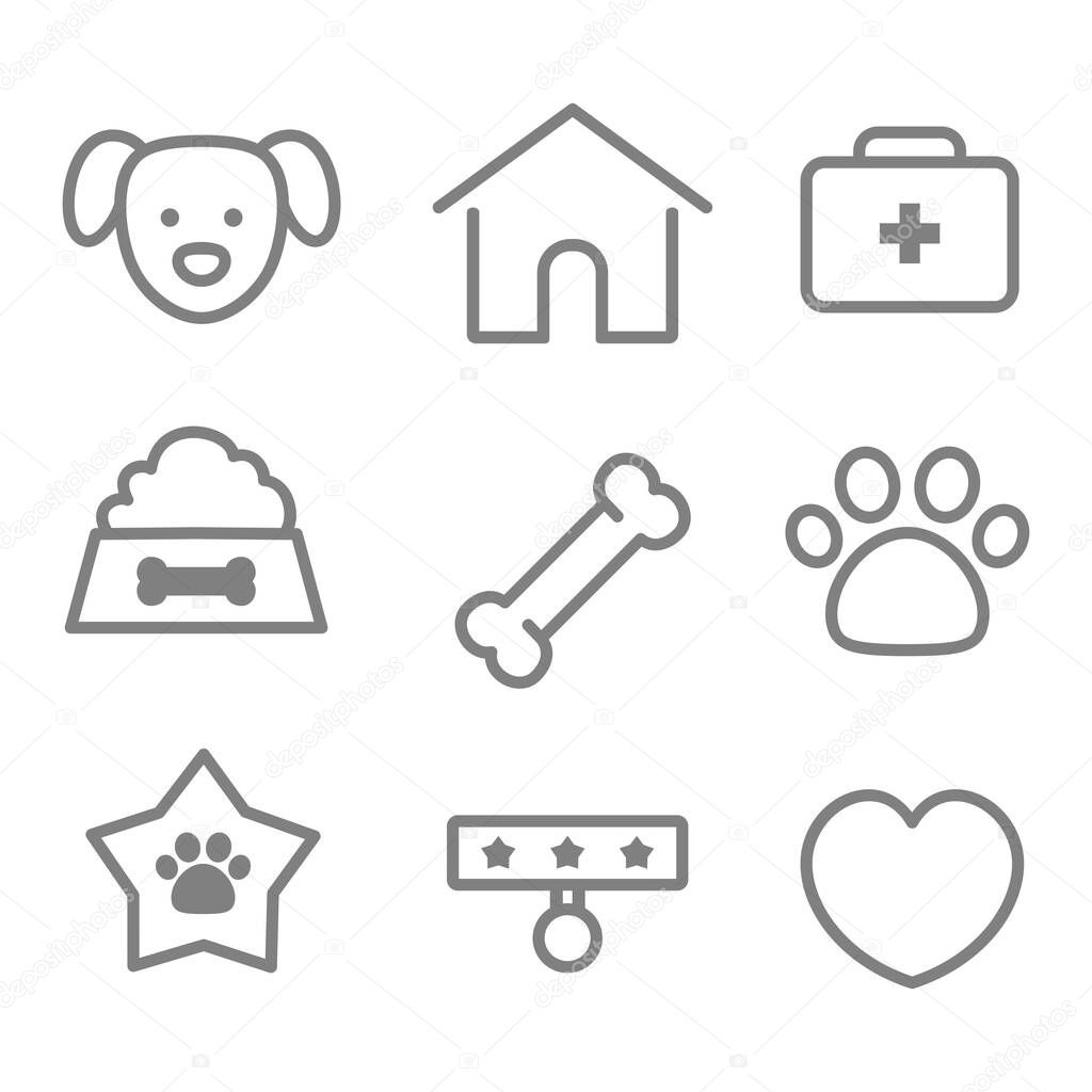 Pet grooming and health care. With linear icons of dogs, food, toys and accessories. Pet shop, vet clinic concept