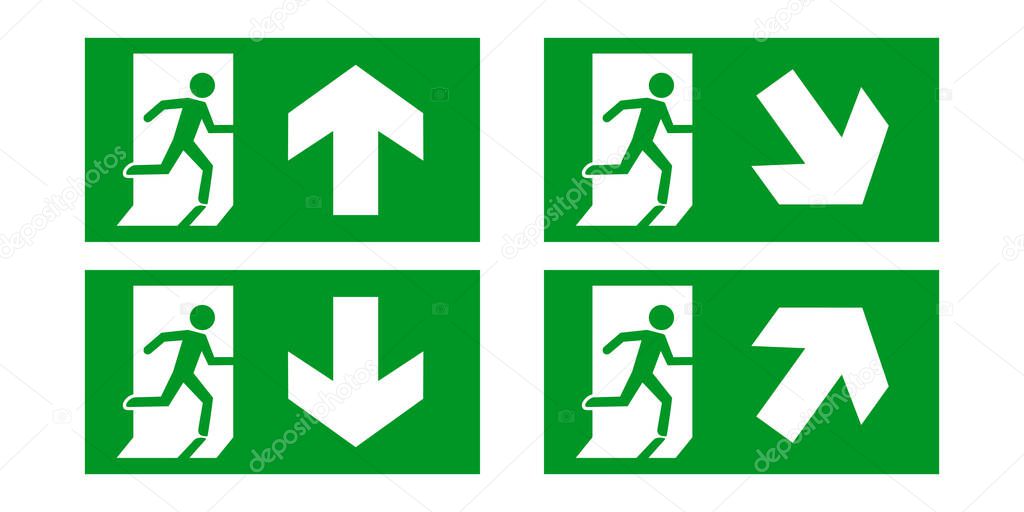 green exit sign on a white background for emergencies. Fire exit arrow sign icon Vector