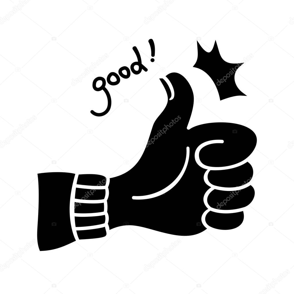 Thumbs up good feedback silhouette. Cartoon icon vector illustration
