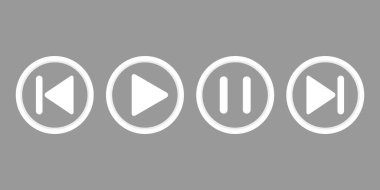 Beyaz Oyun, duraklama, geri sarma, bir sonraki müzik çalar simgesi gri arkaplanda izole edildi. vektör illüstrasyonu.