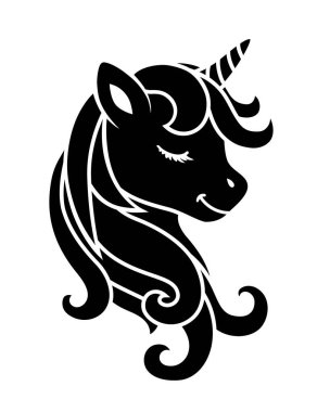 Uyuyan tek boynuzlu at silueti ikonu. Boya kitabı. Siyah beyaz etiket, izole edilmiş simge. Tatlı sihirli çizgi film fantezi hayvanı. Çocuklar için tasarım, kreş iç dekorasyonu ve çocuk tişörtü tasarımları.