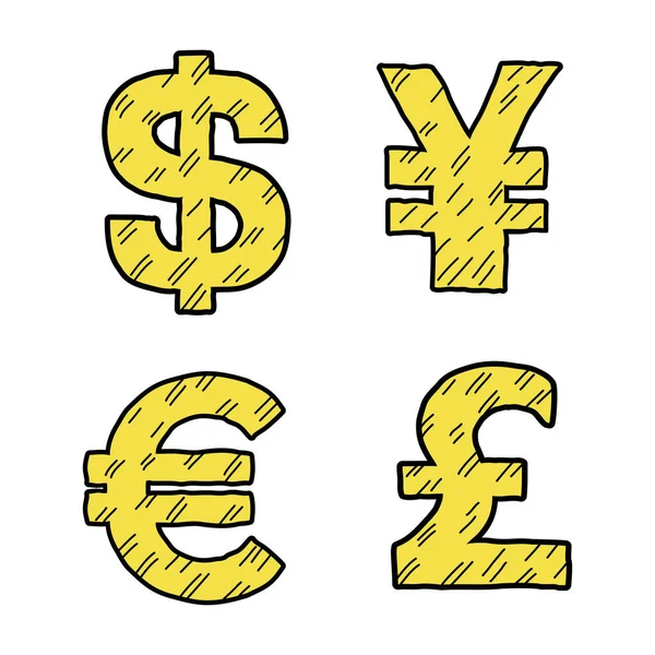 Doodle Geld Set Dollar Yen Euro Pond Pictogram Voor Web — Stockvector