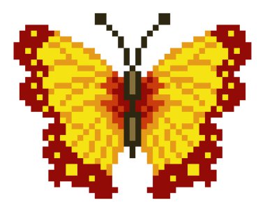Kelebek pikseli. Kelebek lego kalıbı. Kelebek desenli çapraz dikiş. Piksel Sanatının Vektör İllüstrasyonu.