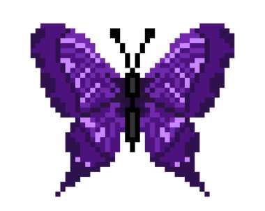 Kelebek pikseli. Kelebek lego kalıbı. Kelebek desenli çapraz dikiş. Piksel Sanatının Vektör İllüstrasyonu.