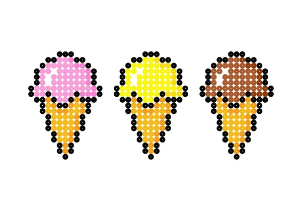 Image Pixel Ice Cream Cone Set Vector Illustration Cross Stitch — Stock Vector
