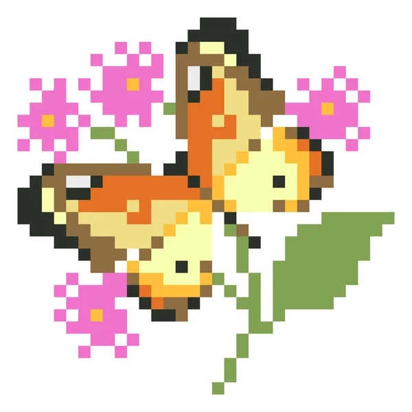 Schmetterling Mit Blumenmuster Pixel Schmetterlingsbild Vektor Illustration Der Pixelkunst — Stockvektor