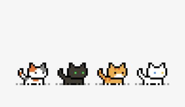 Piksel kedi görüntüsü. 8 bit Oyun ya da Çapraz İlmek için vektör illüstrasyonu.