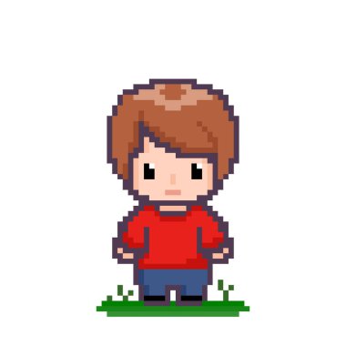 Erkek oyun karakterinin pikseldeki görüntüsü. Çapraz dikiş ve tişört desenlerinin vektör illüstrasyonu.