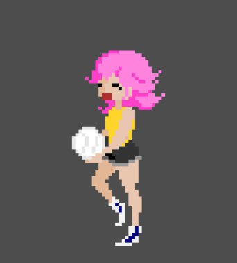 Top tutan sevimli anime kız pikselleri. Bir çapraz dikiş ve oyun simgesinin vektör illüstrasyonu.