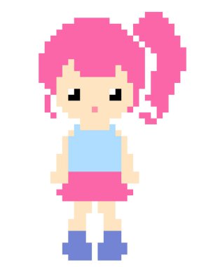 Pembe saçlı, sevimli bir kız imajı. Piksel kız görüntüsü. Piksel sanatının vektör illüstrasyonu.