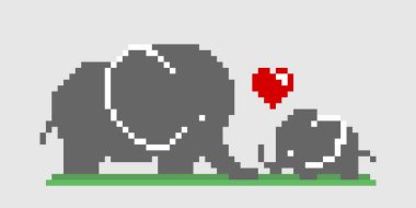 Piksel fil görüntüsü. Anne ve çocuk filin vektör illüstrasyonu.