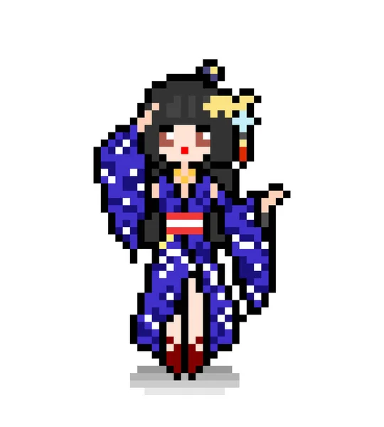 Pixel Obraz Anime Dziewczyna Ubrana Kimono Ilustracja Wektora — Wektor stockowy