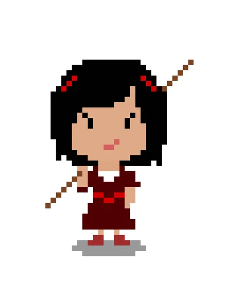 Pixel Imagem Menina Bonito Carregando Pau Ilustração Vetorial — Vetor de Stock