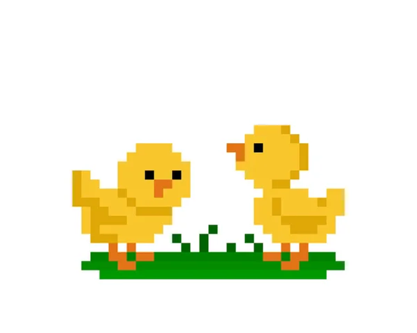 Pixel Imagen Dos Polluelos Jugando Jardín Ilustración Vectorial Patrón Punto — Archivo Imágenes Vectoriales