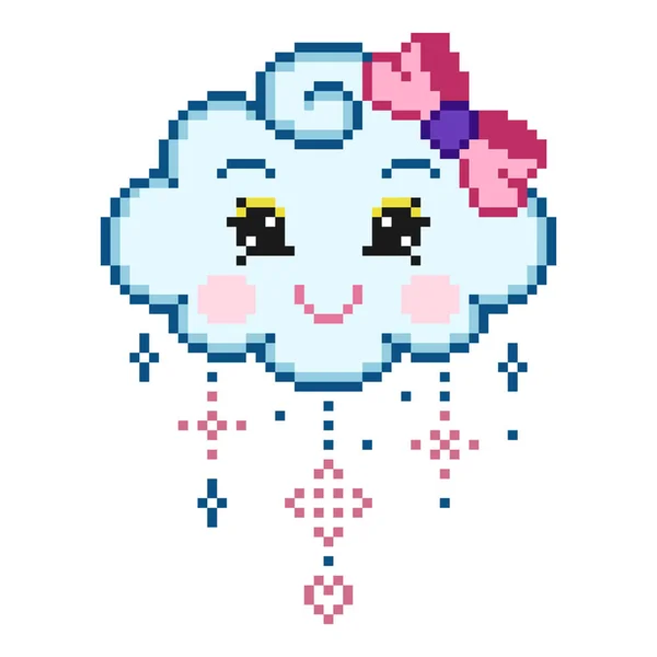 Pixel Ένα Χαριτωμένο Σύννεφο Πρόσωπο Κινουμένων Σχεδίων Πολύχρωμες Σταγόνες Βροχής — Διανυσματικό Αρχείο