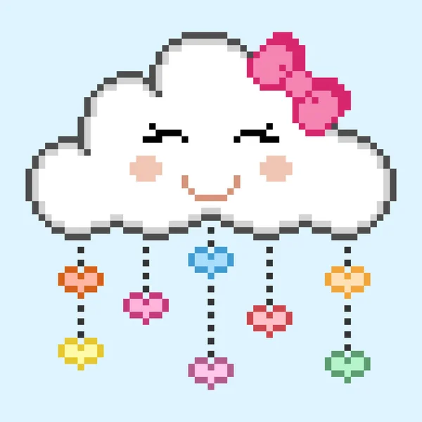 Pixel Nuage Visage Dessin Animé Mignon Avec Des Gouttes Pluie — Image vectorielle