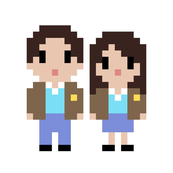 双子の制服を着たカップルのピクセル画像です 男性と女性のピクセル画像 ベクターイラスト — ストックベクタ