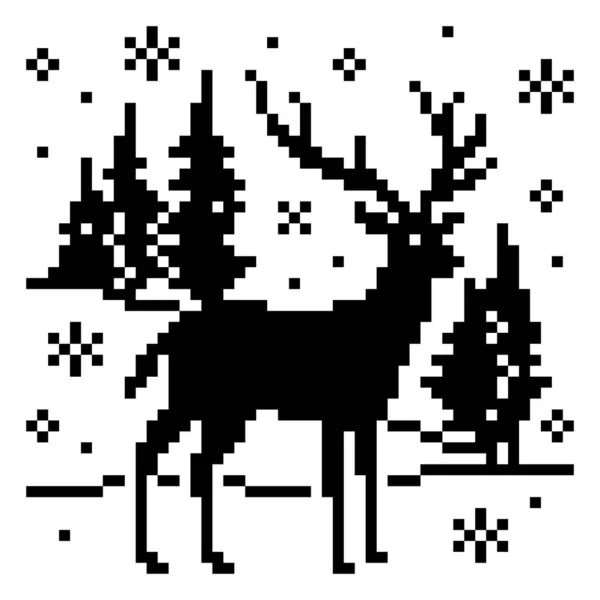 겨울의 모습을 Snowfall Deer Vector Illustration Pixel Art — 스톡 벡터