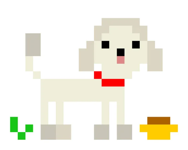 Pixel狮子狗与食物的形象 银狗图案 像素艺术的矢量图解 — 图库矢量图片