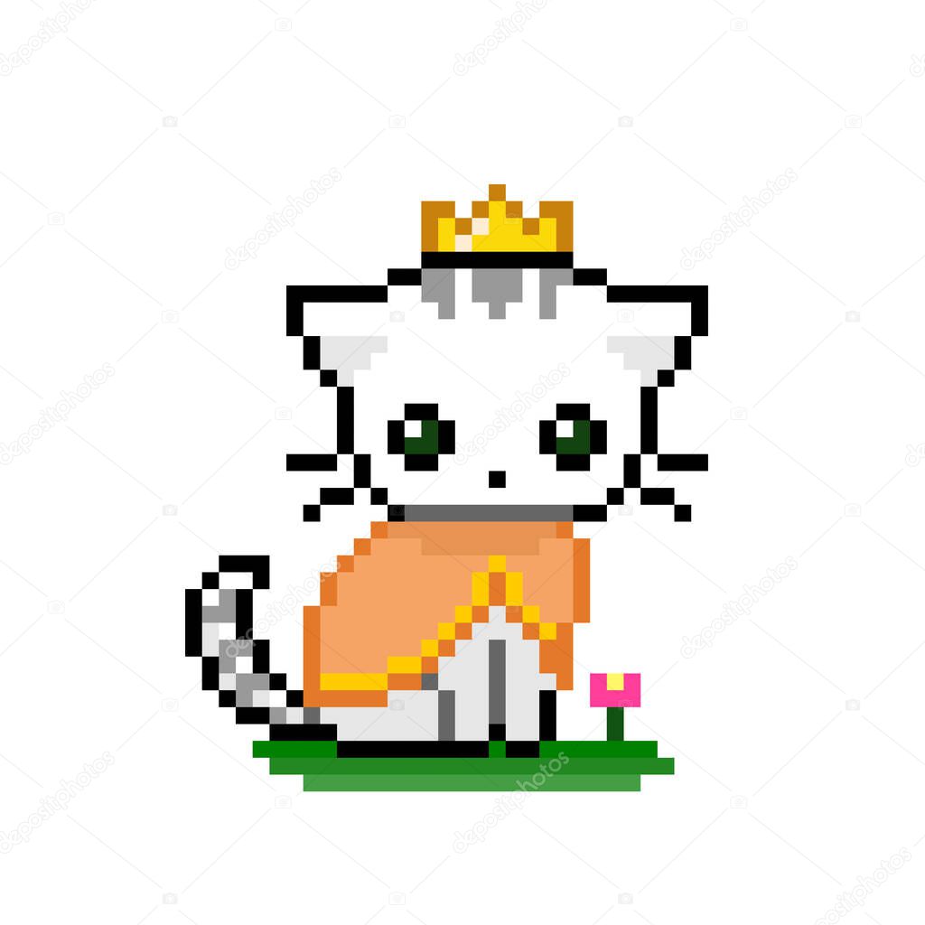 Pixel image of a cat wearing a queen dress. Vector illustration of cross stitch pattern.