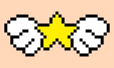 Kanatlı yıldız deseni. Kanat görüntüsü olan piksel yıldızı. Piksel Sanatının Vektör İllüstrasyonu.
