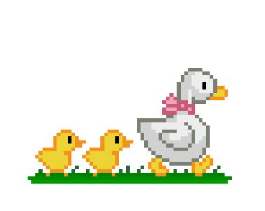 Ördek ve yavrularının pikseldeki görüntüsü. Çapraz dikiş ve 8 bit oyun deseninin vektör çizimi.