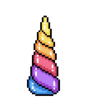 Piksel tek boynuzlu at boynuzu görüntüsü. Çapraz dikiş ve örgü desenleri. Oyun şablonu için vektör illüstrasyonu.