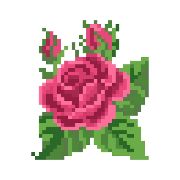 Padrão Rosa Pixel Subiu Imagem Flor Pixel Arte Vetor Ilustração — Vetor de Stock