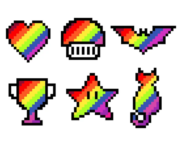 Pixel Love Mushroom Bat Trophy Star Cat Isolated Rainbow 像素艺术的矢量说明 — 图库矢量图片