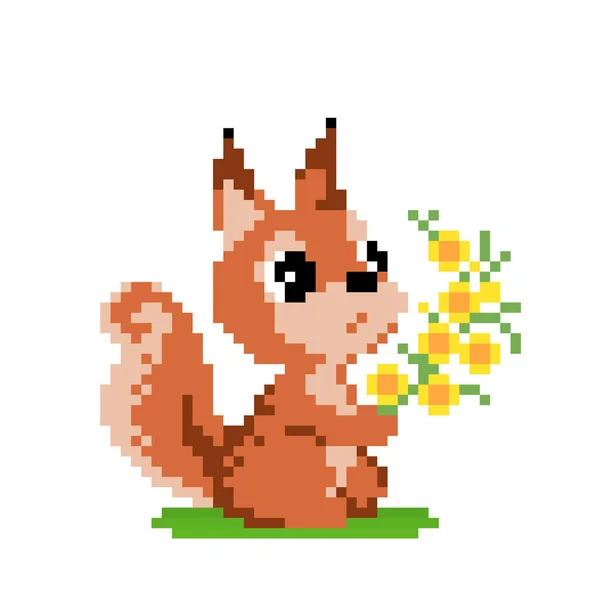 Pixel Esquilo Segurando Flores Ilustração Vetorial Padrão Ponto Cruz — Vetor de Stock