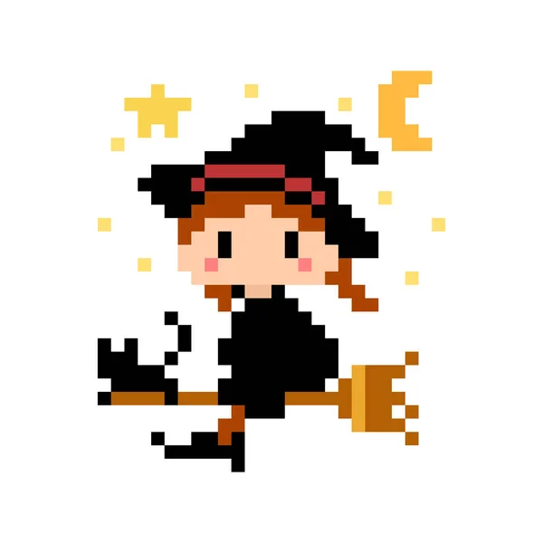 Imagen Pixel Witch Volando Con Una Escoba Gato Negro Con — Vector de stock