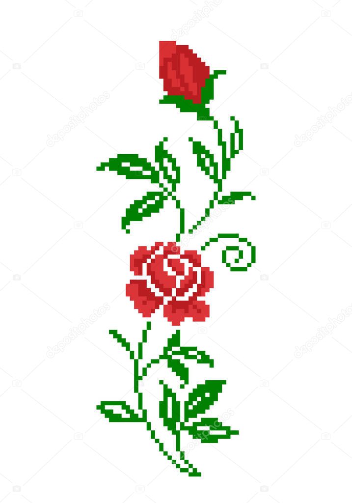 Rose pixel image. cross stitch or crochet pattern vector illustration.