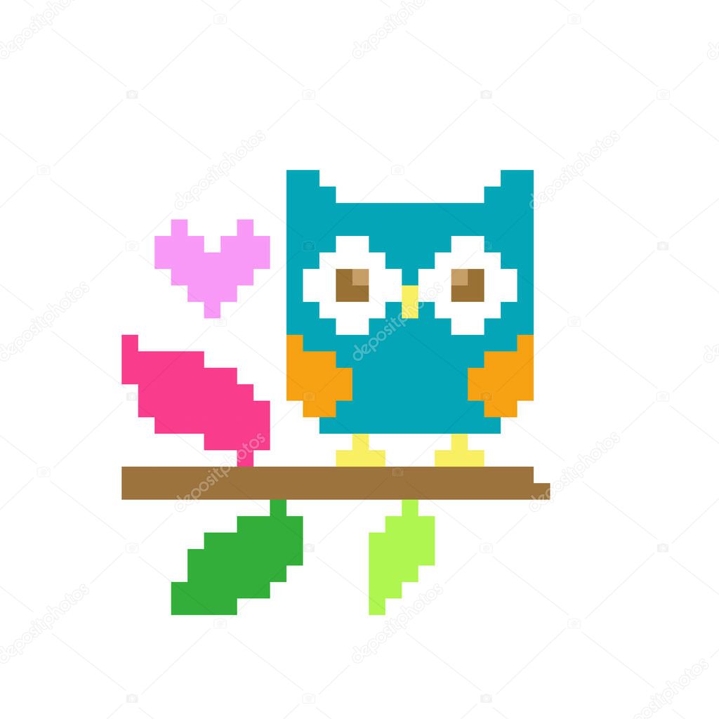 Pixel owl image. Vector illustration of a cross stitch pattern.