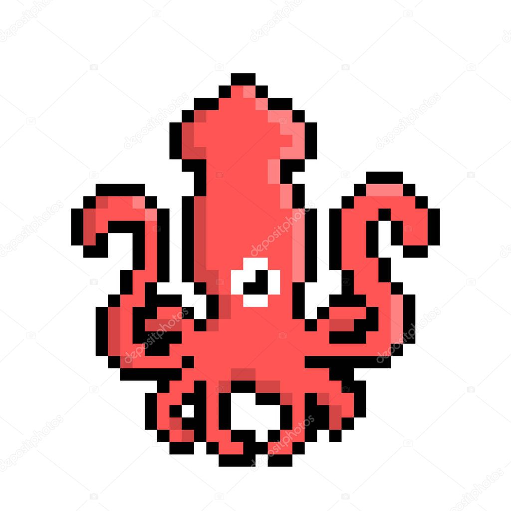 Sqiud. Pixel squid image. Vector Illustration of pixel art.