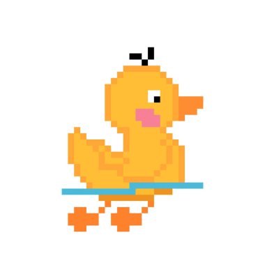 Suda yüzen küçük ördek pikselleri. 8 bit oyun ve çapraz dikiş deseni için vektör illüstrasyonu.