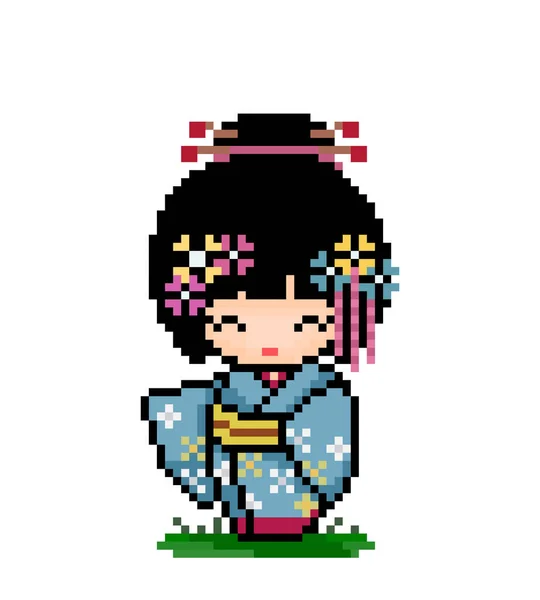 Pixelbild Von Anime Mädchen Kimono Gekleidet Vektor Illustration Eines Kreuzstichs — Stockvektor