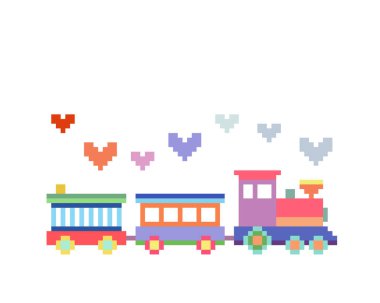 Piksel treni. Çocuklar oyuncakları pikselle eğitiyor. 8 küçük oyun için. çapraz dikiş deseni veya t-shirt tasarım vektör çizimi.