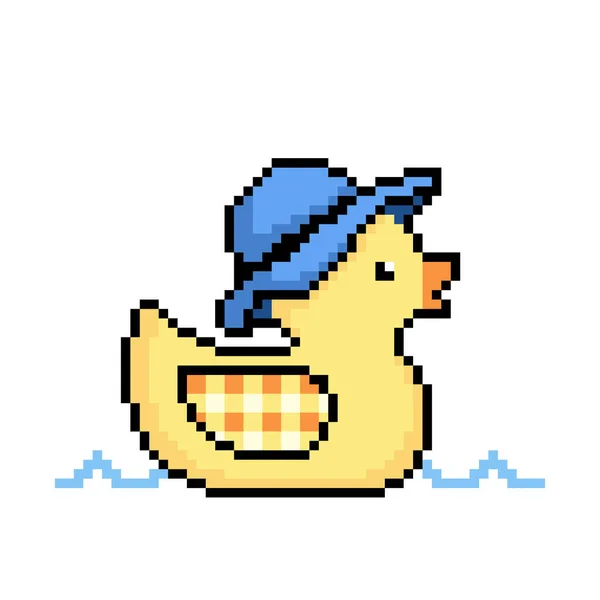 Píxeles Pato Nadando Agua Usando Sombrero Para Juegos Bits Patrón — Vector de stock