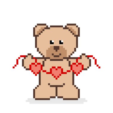 Asılı bir aşkı tutan kahverengi ayının pikseldeki görüntüsü. 8 bit oyun varlıkları için. Çapraz dikiş deseni veya t-shirt tasarım vektör çizimi.