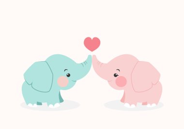 Bir çift fil, bir oğlan ve bir kız. Şirin fil karikatürü çizimi. Beyaz bir arka planda izole edilmiş. Vektör illüstrasyonu.